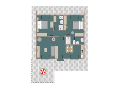 Hausplan mit vier Zimmern, zwei Badezimmern, Wohnzimmer und großem Balkon mit Tisch und Sonnenschirm.