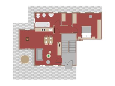Grundriss mit Schlafzimmer, Küche, Essbereich, Wohnzimmer und zwei Badezimmern auf rotem Boden.