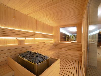 Moderne Sauna mit Holzbänken, beheiztem Steinofen und indirekter Beleuchtung