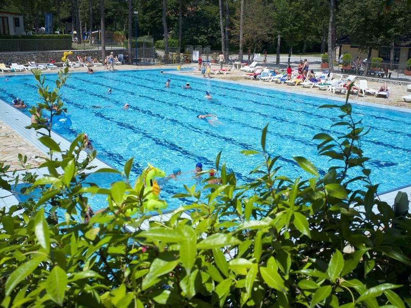 Freiluft-Schwimmbecken mit Schwimmbahnen, umgeben von grünen Pflanzen und Sonnenbadenden.