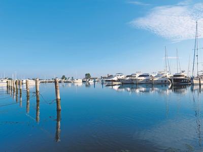 Hafen mit ruhigem Wasser, Segel- und Motoryachten unter blauem Himmel.