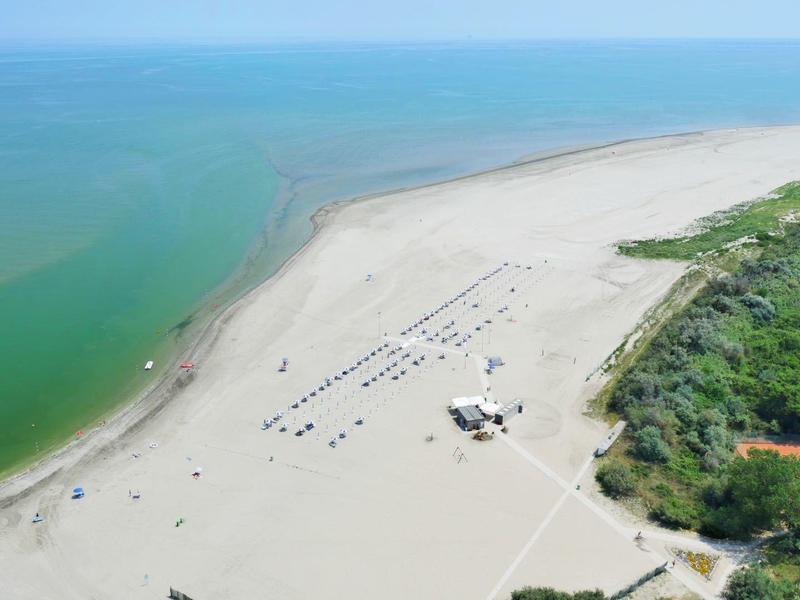 Luftaufnahme eines breiten Sandstrands mit wenigen Besuchern und angrenzendem Grünbewuchs.