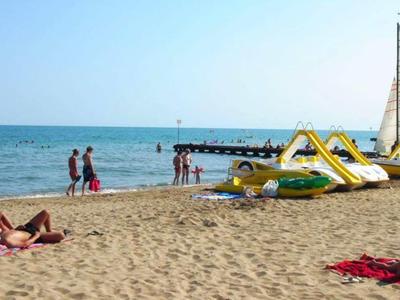 Strand mit Menschen am Wasser, Segelboot und Sand, bei klarem Himmel.
