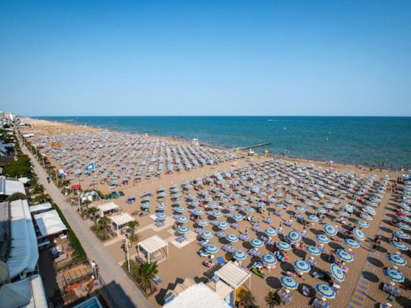 Plaża z wieloma niebieskimi parasolami i leżakami nad morzem pod czystym niebem