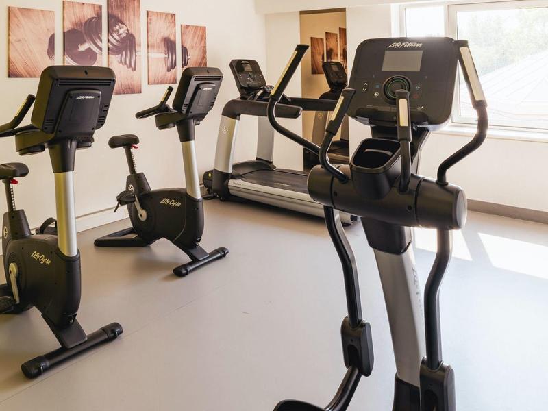 Fitnessruimte met moderne hometrainers en loopbanden bij grote ramen.