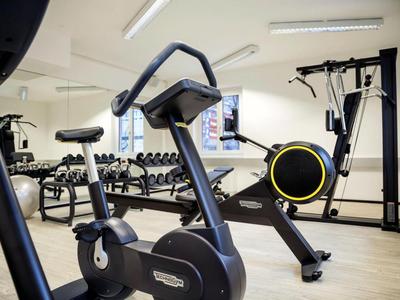 Modern gym room with exercise machines and dumbbells in a bright space