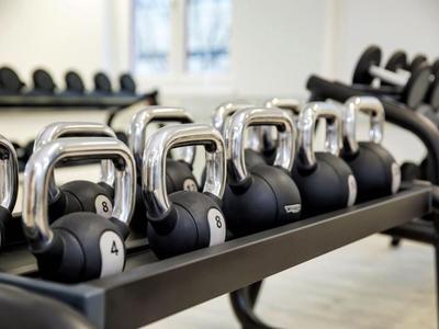 Row of chrome kettlebells of varying sizes on a rack in a gym.