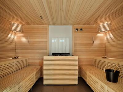 Moderní dřevěná sauna s lavicemi, kýblem a nástěnným osvětlením.