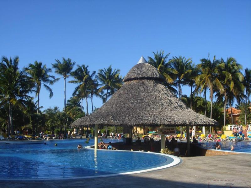 Großer Pool mit rundem Strohdachpavillon und Palmen im Hintergrund unter klarem blauem Himmel.