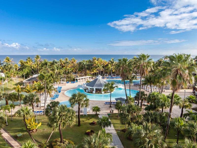 Großer Pool mit Wasserspiel, umgeben von Palmen und grünem Garten, dahinter blauer Himmel und Meer.