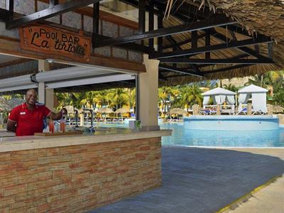 Bar mit Strohdach neben großem Pool und umgeben von Bäumen und Liegestühlen