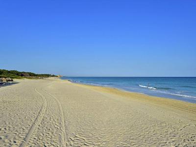 Pláž s jemným pískem, slunečníky a modrým mořem pod jasnou oblohou.