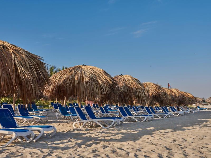 Fila di lettini blu vuoti con tettoie di paglia su spiaggia sabbiosa sotto cielo limpido.