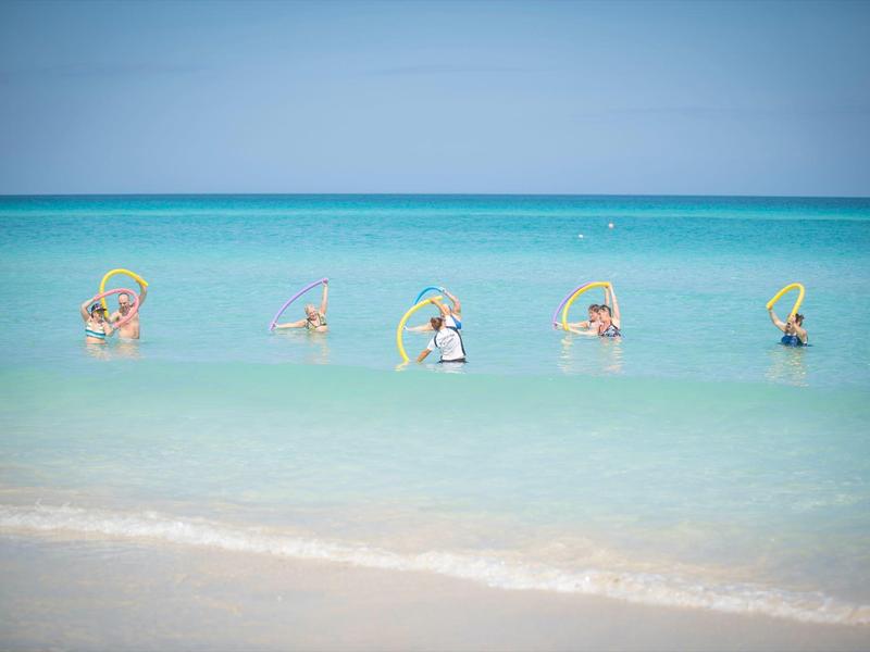 Cinque persone fanno snorkeling in un mare chiaro e calmo vicino alla spiaggia.
