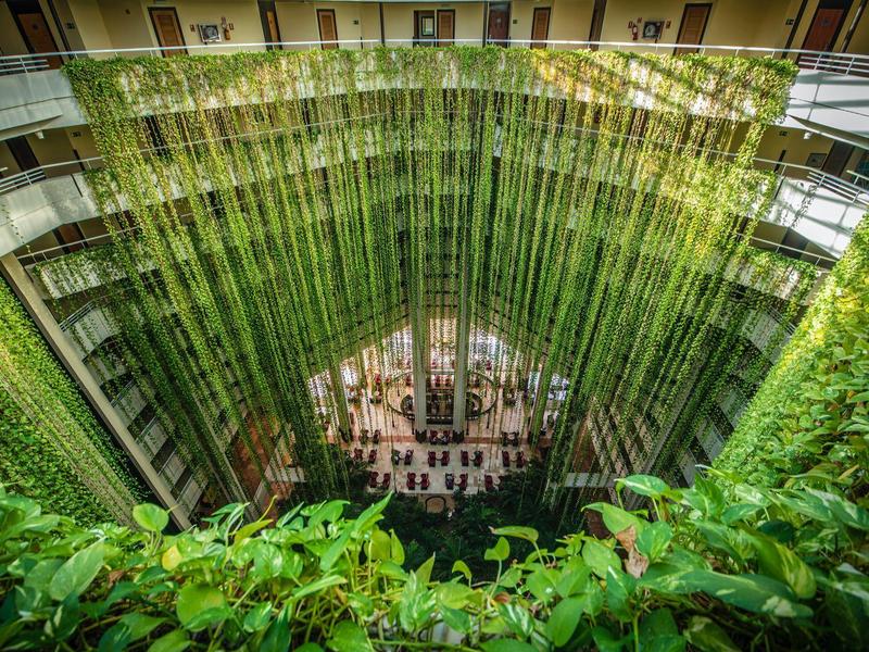 Cortile di un hotel con giardino verticale e piante verdi sulle pareti