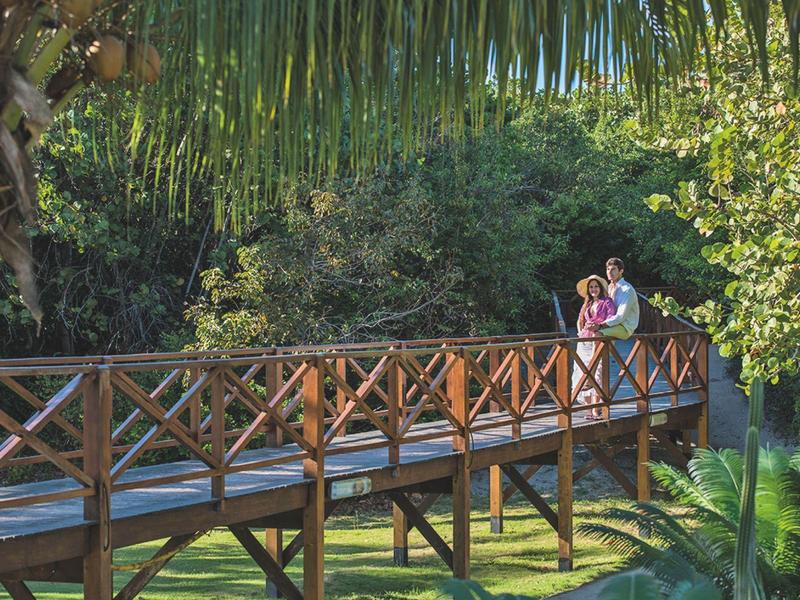 Coppia che cammina su un ponte di legno in un parco verde e soleggiato.