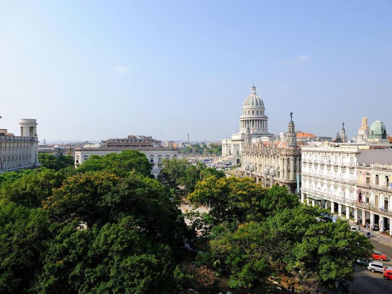 Stadsgezicht met historische gebouwen en weelderig groen onder een heldere hemel