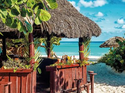 Bar sulla spiaggia con tetto di paglia e mobili in legno vicino al mare turchese sotto il cielo azzurro.