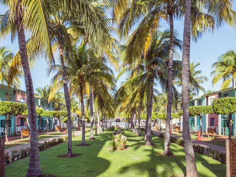 Tropischer Garten mit Palmen, grünem Rasen und Häusern seitlich an sonnigem Tag.