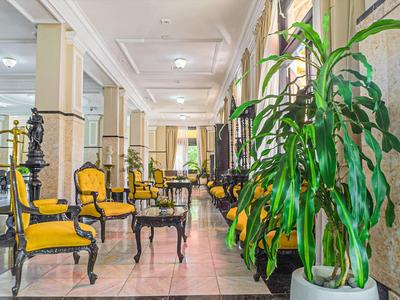 Elegantní hotelová chodba se žlutými křesly, černými stoly a velkými zelenými rostlinami.