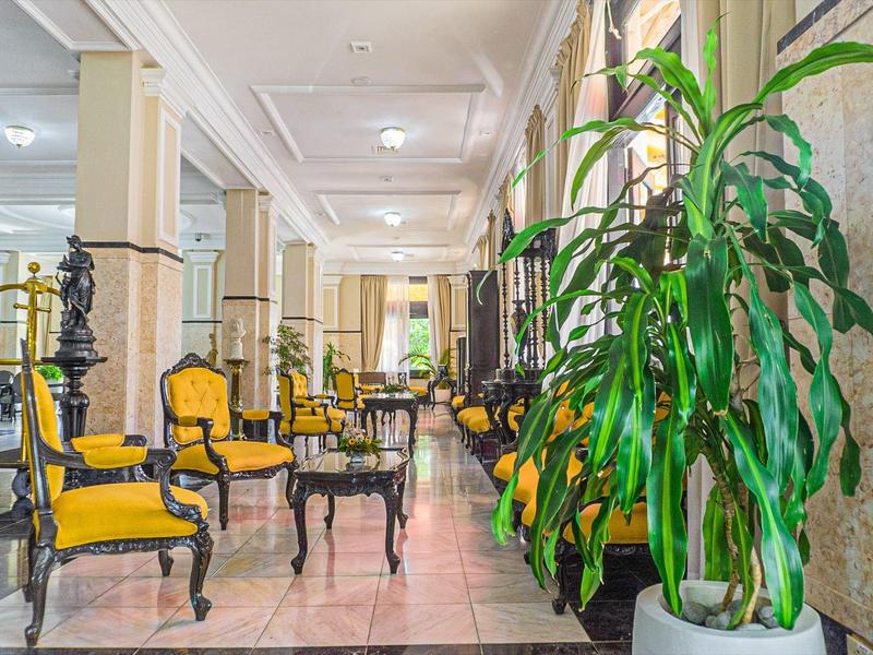 Elegantní hotelová chodba se žlutými křesly, černými stoly a velkými zelenými rostlinami.