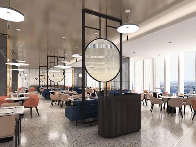 Modern hotel dining area with elegant tables, chairs, and large windows with a view.