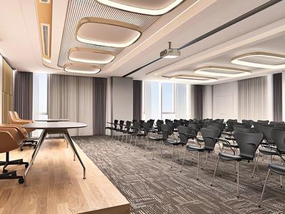 Modern conference room with rows of chairs and speaker podium in neutral tones.