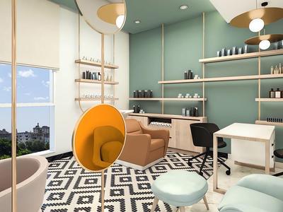 Modern hotel room with pastel walls, stylish furniture, and panoramic window with sea view.