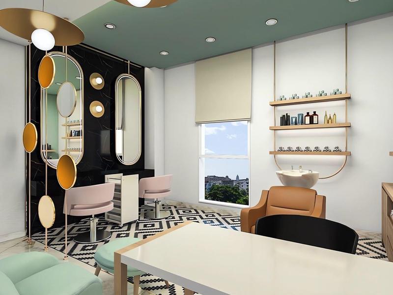 Modern, bright living space with large windows, stylish furniture, and decorative mirrors.