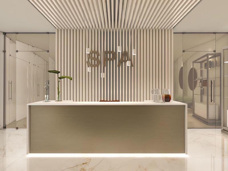 Modern spa reception with minimalist counter and decorative vertical wooden slats.