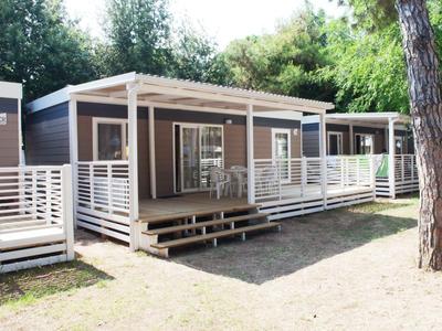 Modern small holiday homes with covered terraces in a green setting.