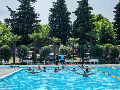 Group of people swimming and jumping in an outdoor pool with trees in the background.