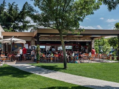 Busy café with guests on the terrace in a park on a sunny day.
