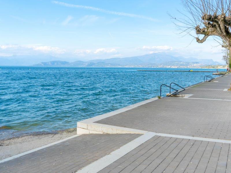 Promenade along a lake with a bare tree and steps leading to the water