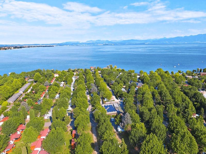 Aerial view of trees and buildings along the coast with sea and mountains in the background.