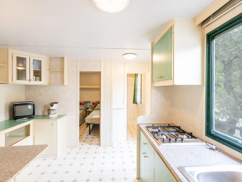 Cocina moderna y luminosa con estufa de gas, microondas y gran ventana con vista al área verde.