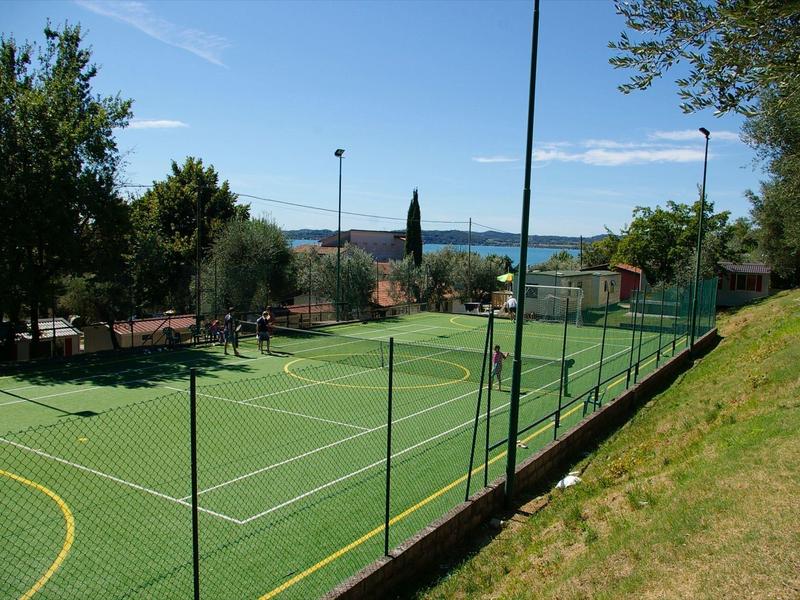Grüner Tennisplatz mit Netz, umgeben von Zaun, Bäumen und blauem Himmel im Hintergrund.