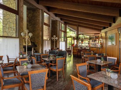 Espace restaurant confortable avec mobilier en bois, cheminée et grandes fenêtres dans un hôtel.