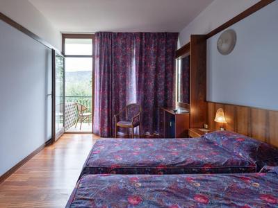 Hotelkamer met twee eenpersoonsbedden, houten vloer en balkon met uitzicht naar buiten.