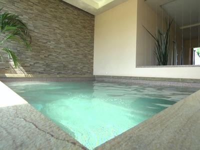 Una piscina interna rilassante con luce naturale e piante accanto a un muro di pietra.