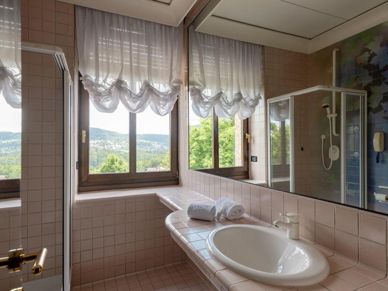 Bright bathroom with window, sink, mirror, and shower overlooking green landscape.