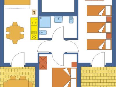 Floor plan of a holiday apartment with two bedrooms, kitchen, bathroom, and two terraces.
