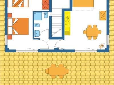 Floor plan of an apartment with bedroom, bathroom, living room, and terrace with table.