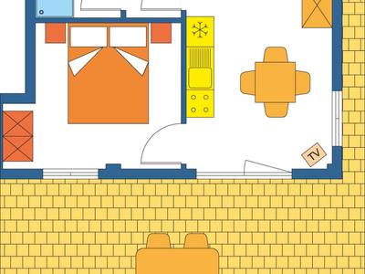 Floor plan of a holiday apartment with bedroom, bathroom, kitchen, dining area, and terrace.