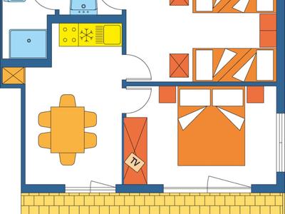 Floor plan of a hotel room with double and single beds, bathroom, and balcony.