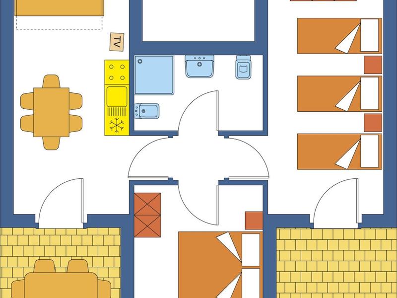 Floor plan of a holiday apartment with two bedrooms, kitchen, bathroom, and two terraces.