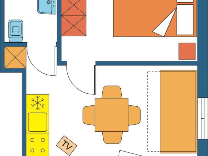 Floor plan of a studio apartment with kitchen, dining area, bathroom, and bedroom.