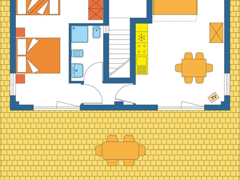 Floor plan of an apartment with bedroom, bathroom, living room, and terrace with table.