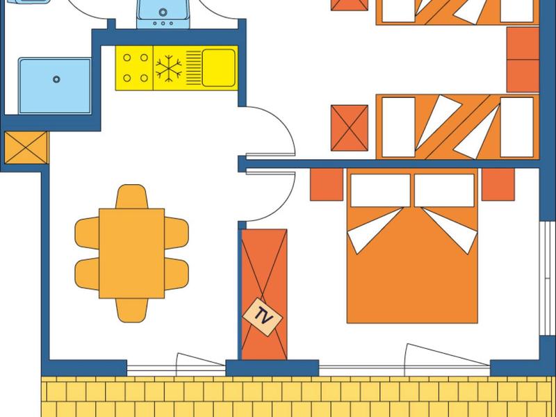 Floor plan of a hotel room with double and single beds, bathroom, and balcony.
