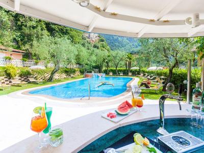 Ein Pool mit Bar an sonnigem Tag, umgeben von grünen Pflanzen und Bergen im Hintergrund.